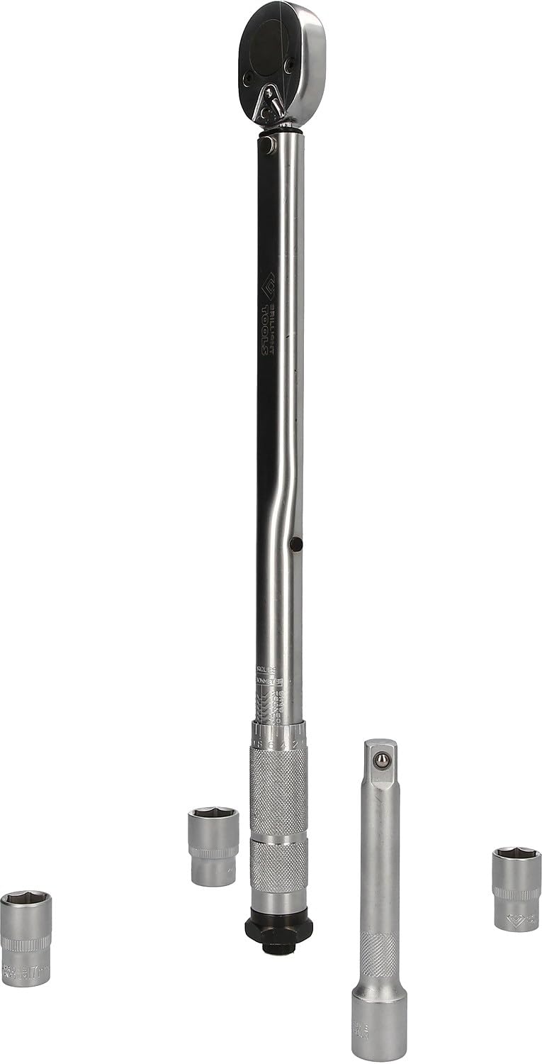 Clé Dynamométrique 28/200 Nm - BT142005 - Cliquet Carré Reversible plus Rallonge 1/2" et 3 Douilles 1/2" (17, 19, 21 mm) - pour Travaux sur Voiture - Rotation Horaire/Anti Horaire - BRILLIANT TOOLS