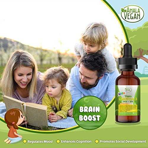 Amala Vegan - Omega 3 For Kids - Organic Lemon, Vegan, Liquid Supplement - Kids Fish Oil With Dha, Epa, Dpa Fatty Acids - Plant Based Algae Oil - Immune, Heart, Brain Health For Children- 30-60 Doses #TOP3