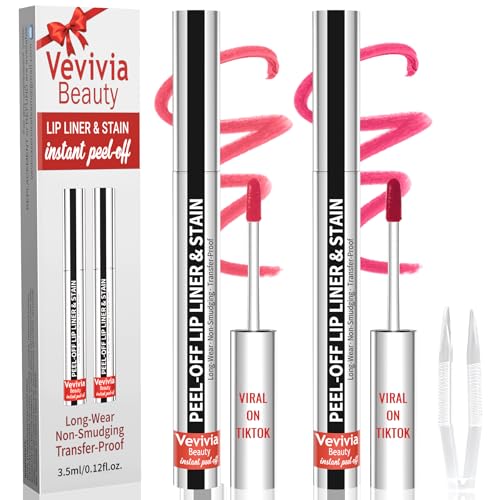 2pcs Lip Stain Peel Off - Lip Liner Stain Long Lasting Waterproof,2-in-1 Lip Liner with Tweezer Nude Matte,Non-Stick Cup,Highly Pigmented，Natural Finish,Stay On All Day,Perfect for Gift (Nude+Rose)