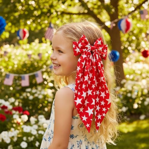 Lazos para el cabello del 4 de julio para niñas, clips patrióticos en rojo y azul con estrellas, lazo largo con cola para día de la independencia, accesorios para fiestas de mujeres y niños miniatura 3
