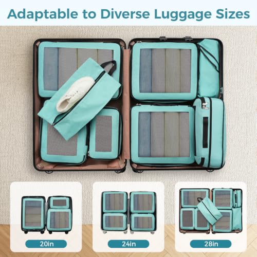 Image of BAGAIL Compression Packing Cubes for Travel Essentials, 8 Set-Mint | Tear‑Resistant Fabric, Space‑Saving, Visible Mesh Panel, Vibrant Color Choices, Travel, Camping & Cruise, Home Storage