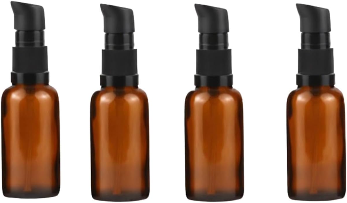 4Pcs 30ML/1oz Empty Amber Glass Lotion Bottles Refillable Cosmetics Makeup Storage Containers Vials Dispenser Jars with Black Pump Heads for Essential Oil Foundation Cream