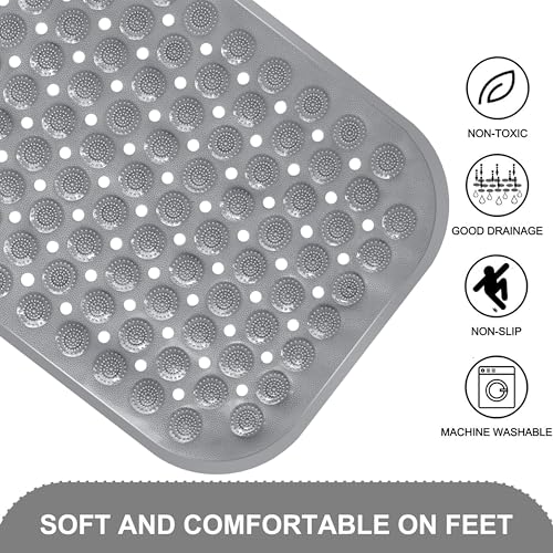 Image of Storite Rectangular Anti Skid Bath Mat with Foot Scrubber for Bath Room Shower Mat with Suction Cups & Drain Holes Silicone Floor Mat for Kids & Adults (70 X 35cm, Grey)
