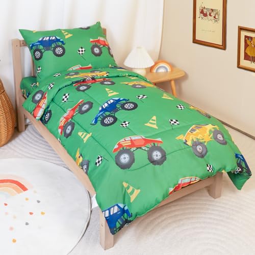 Image of TinyPalsa 4-Piece Toddler Bedding Set, Toddler Bed Comforter Set for Boys | Includes Comforter, Fitted Sheet, Flat Sheet & Pillowcase, Green Monster Truck