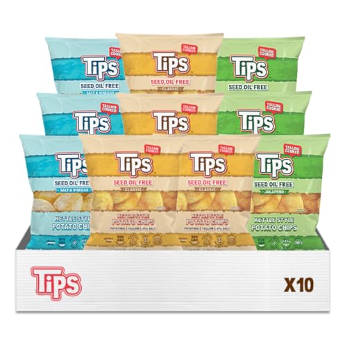 Image of TIPS Potato Chips Variety Pack | 10-Pack Snack Size (1.75 oz Bags) - Classic Sea Salt, Salt & Vinegar, Jalapeno - Seed Oil Free, Tallow Cooked, Gluten Free