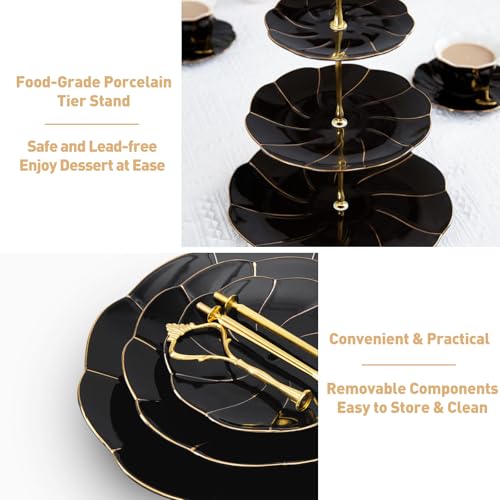 DUJUST Luxury Porcelain 3-Tier Cupcake Stand Tower, British Style Serving Tray with Golden Trim, Food Grade Dessert Display Stand, Beautiful Gift for Tea Party & Home Décor - Black - Image 6