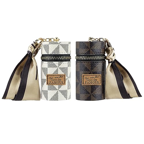 2 Pack Lipstick Case, Leather Lip Gloss Bag for Purse, Travel Lipstick Organizer with Keychain for Women (Brown, White)