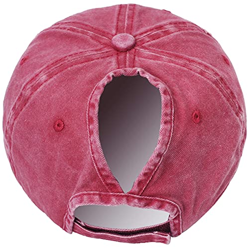 Leotruny Women Washed Cotton High Ponytail Baseball Cap (C06-Distressed Red) #TOP2