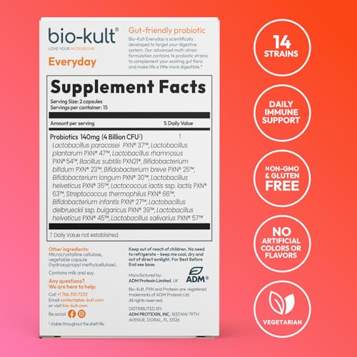 Bio-Kult Gut Health Probiotic Supplement, 14 Strains, Probiotics for Women & Men, Immune Support, Digestive Health, Shelf-Stable, Non-GMO and Gluten-Free, Capsules, 30 Count (Pack of 1)