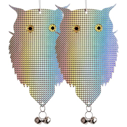 OFFO Owl Decoy for Pigeon Deterrent Hanging Outdoors Reflective Plastic Owls to Scare Pigeons to Keep Birds Away on Gardens with Bells 2 Pcs