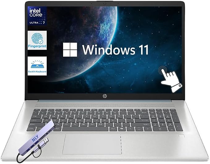 HP Touchscreen 17.3" Business Laptop Computer, 16GB RAM 256GB SSD, Intel Core Ultra 7 255U (12-Core), Windows 11 Home, Fingerprint Reader, Backlit KB, Numeric Keypad, Docking Station, Moonlight Blue