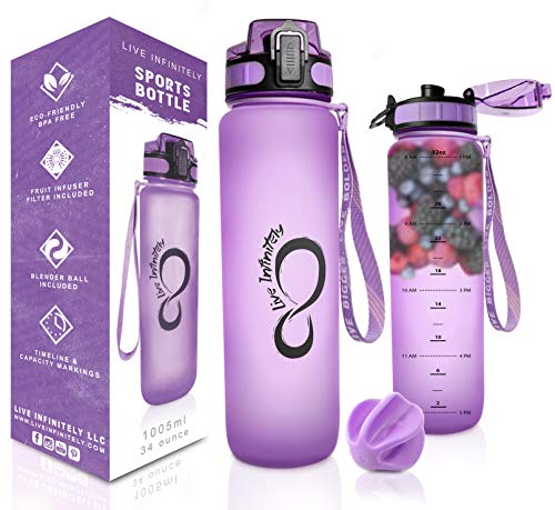 Live Infinitely 34 oz BPA Free Water Bottle with Time Marker, Fruit Infuser