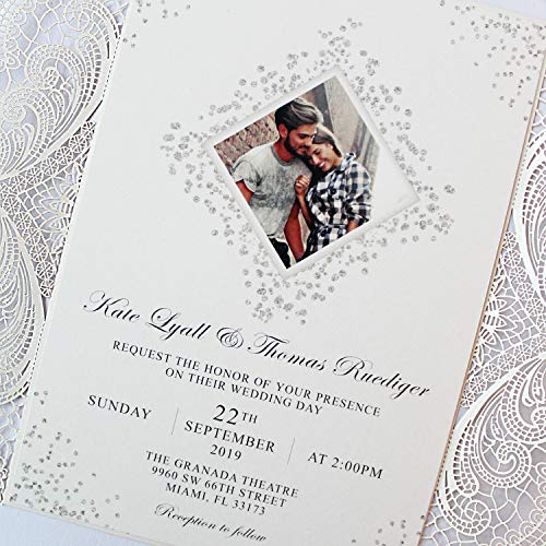 Picky Bride 25 Laser Cut Wedding Invitations with Ribbon Bow, Photo Wedding Invitation Cards Template, Elegant Bridal Shower Invites Save the Date