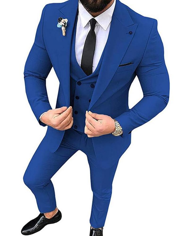 Men's Peak Lapel Royal Blue 3 Piece Slim Fit Business Suit Prom Tuxedos Wedding Groomsmen 42/36