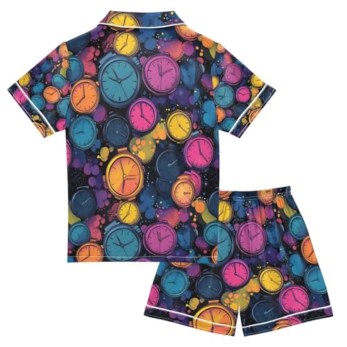 senya Colorful Alarm Clock Satin Summer Pajama Sets Silk Short Sleeve Button Down Sleepwear2