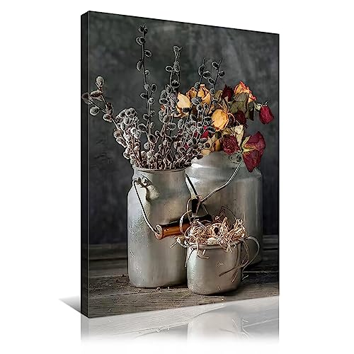 Framed Canvas Wall Art Print Rustic Flower Theme Painting Blooming Floral on Grey Background Vintage Farmhouse Artwork for Living Room Bedroom Kitchen Decoration 12x16in