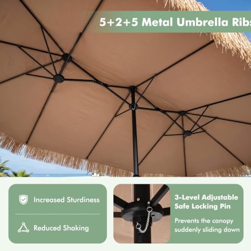 Image of Tangkula 15 FT Tiki Patio Umbrella with Base Included | Hawaiian Style, PE Grass, Crank Handle, 12 Heavy-Duty Ribs, for Beach Patio Garden Pool Backyard