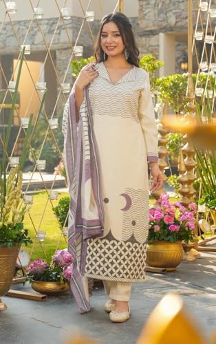 Image of Women's Muslin Geometric Wave Print Off White Straight Kurta & Pant Set with Dupatta | Shirt Collar V-Neck 3 /4 Bell Sleeve Crescent Print | Salwar Suit Set | Kurta Sets for Women