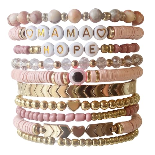 Beaded Bracelets Gifts For Women - Boho Bracelet Gifts for Mom Birthday Colorful Clay Stackeable Bracelet for Summer Beach 10-piece (mama)