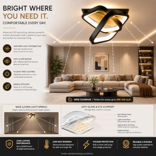 Image of 50W LED Ceiling Light, Square Chandelier Ceiling Lamp, 3 Color Modes Warm /Natural /Cool White, CRI 97 Anti-Glare Eye Protection Light for Bedroom, Living Room, Hall, Dining Room, Office, Black