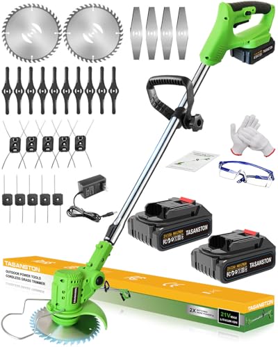 Cordless Weed Wacker, 21V Electric Weed Eater Battery Powered, 3 in 1 Grass Trimmer Cordless with 2 Batteries & Metal Blade, Electric Weed Trimmer/Lawn Edger/Brush Cutter for Yard Garden