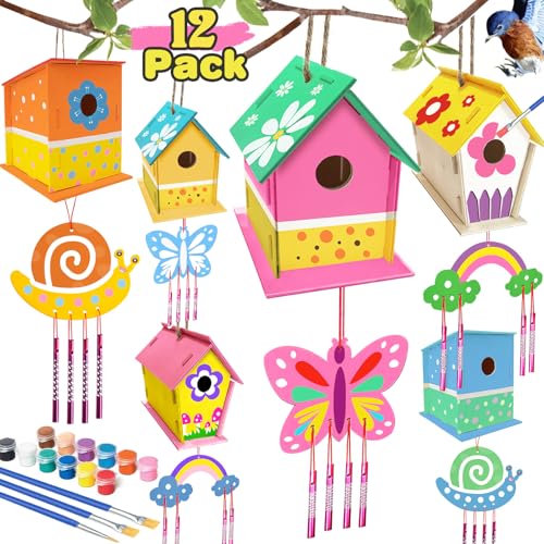 Crafts for Kids Ages 4-8 - 12 Pack DIY Bird House Wind Chime Kit Party Favors - Build and Paint Birdhouses Wooden Arts Kits - Easter Basket Stuffers Gifts for Girls Boys Toddlers Ages 3-5 4-6 6-8 8-12