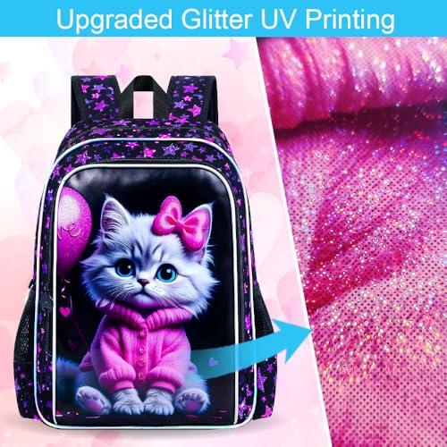 Image of CCJPX 3Pcs Cat Backpack for Girls, 16 inch Kids Bookbag with Lunch Box, Water Resistant Elementary School Bag for Kindergarten Preschool Toddler (Black)