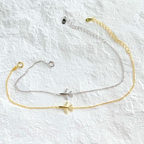 Cubic Zirconia Airplane Bracelet for Women 925 Sterling Silver Fly Plane Delicate Bracelets Minimalist Adjustable Statement Hypoallergenic Chain Jewelry4