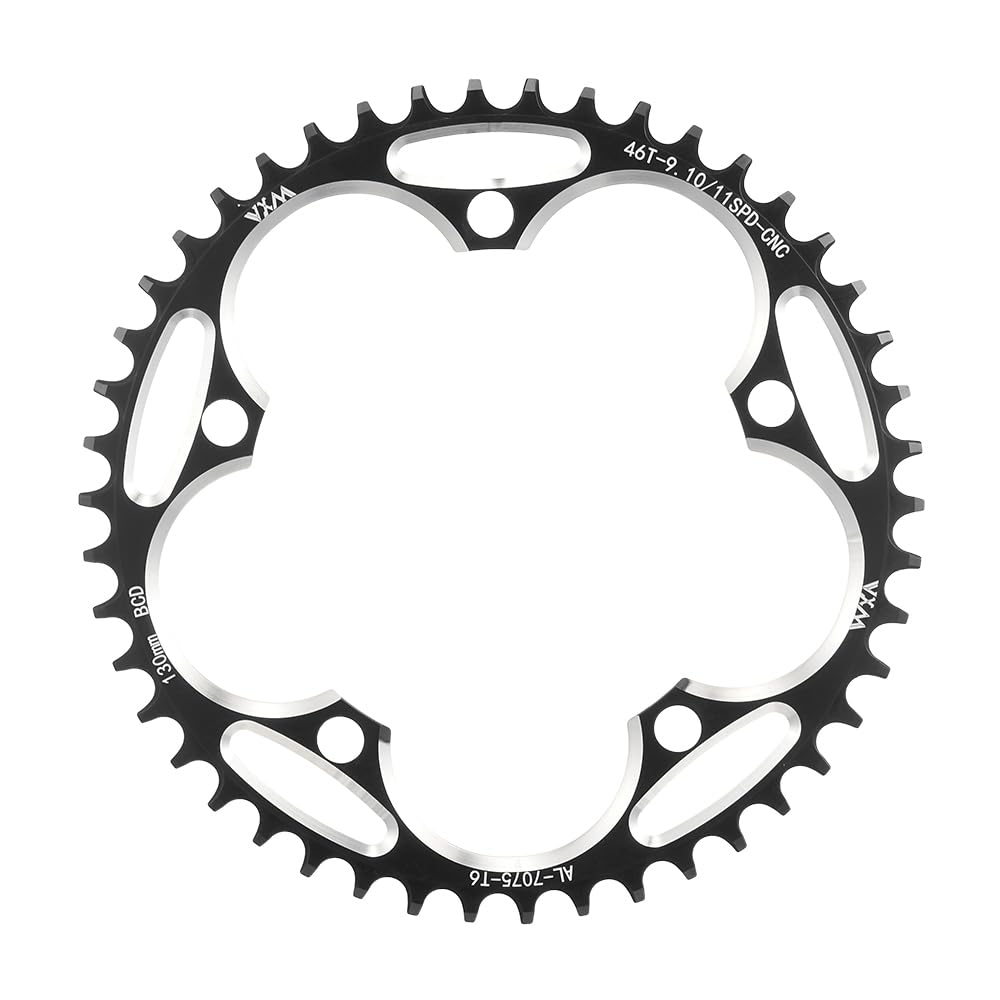 KTKEET 110/130BCD Chainring 36/38/40/42/44/46/48/50/52/54/56/58/60T Round Narrow Wide Chainring 5 Bolts Bicycle Chainwheel for 8-12 Speed Road Bike Folding Bicycle (Black,130BCD 46T)