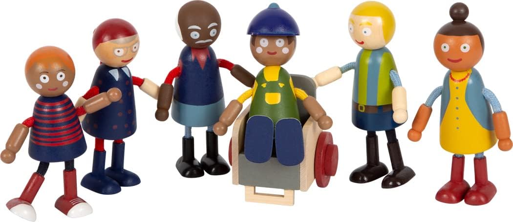 Small Foot Family Flexible Dolls with Wheelchair, 6 Dolls, Wood, Various Ages, Gender and Skin Colour, 12396 Toys, Multicolor
