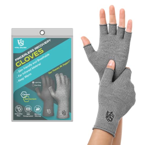 Vital Salveo Germanium & Charcoal Fingerless Recovery Gloves Half Finger Gloves Stretchy Hands Office Typing Texting Circulation For Men and Women (Pair)-S/M-Light Grey