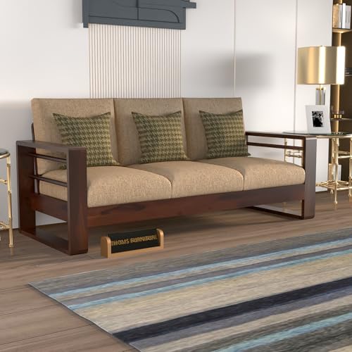 Image of Solid Sheesham Wooden 3 Seater Sofa - Elegant Modern Sofa for Living Room & Office (Selen Walnut, Large)