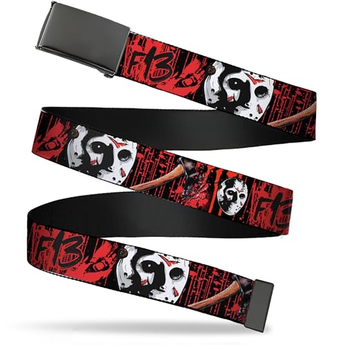 Warner Bros. Horror Movies Belt, Flip Web Belt Friday the 13th Jason Mask Axe Blood Splatter Black Red, 1.5 Inch Wide, Fits up to Size 42
