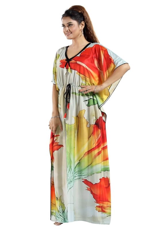 Image of Women's- Kaftan /Nighty /Maxi /Gown /Nightdress /Nightwear Serena Fabric- V-Neck Floral Print