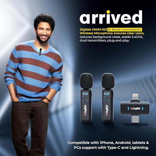 Image of Digitek DWM-021 Wireless Clip-On Microphone with AI Noise Cancellation | Dual Mic (2 Transmitters, 1 Receiver) | 2.4GHz Low Latency, 40m Range | Type-C & Lightning