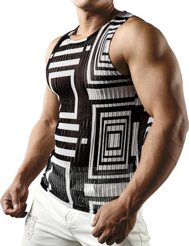 JOGAL Mens Boho Summer Tank Top Sleeveless Muscle Mesh Shirt4
