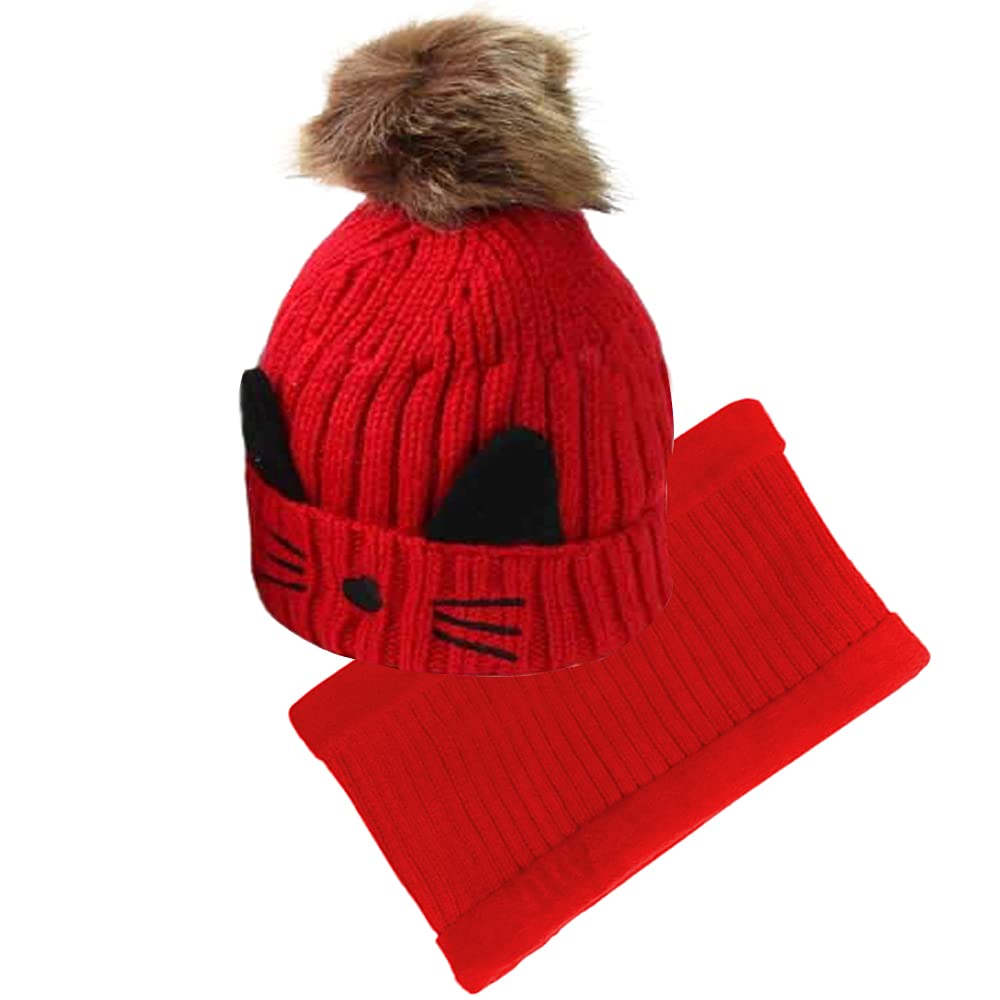 Fashion Sutra Girl's Cute Cat Style Winter Warm Knitted Pom Pom Hat & Fleece Scarf Set (Red) 2