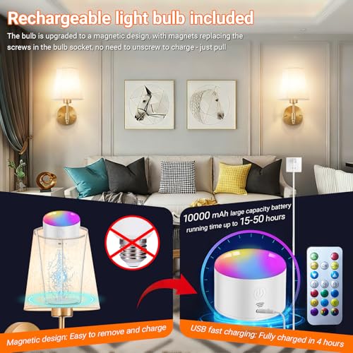 Image of YHCDLAMP Peel and Stick Wall Sconces, No Drilling Stick On Wall Sconce, Wireless Battery Operated Wall Lights, Adhesive Wall Lamp with 10000mAh Battery Bulb for Bedroom Living Room Decor