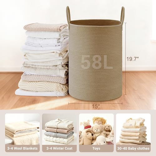 Image of 58L Tall Cotton Rope Laundry Basket with Handles, Jute