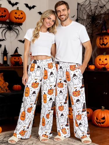 RMCMS Couples Cute Halloween Ghost Pumpkin Print Pajama Pants Sleep Lounge Pjs Bottoms with Pockets2