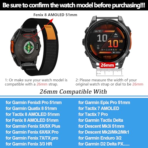26mm Quickfit Watch Bands Compatible with Garmin Enduro 3 2/Fenix 8 pro 51mm/Fenix 7X pro/7X/6X Pro/6X/5X Plus/5X/3 HR,Sport Nylon Strap for Tactix 8 AMOLED-51mm/Descent Mk3i-51mm/Mk2i/tactix 7 Pro by MDBBLBM - Used condition - Image 2