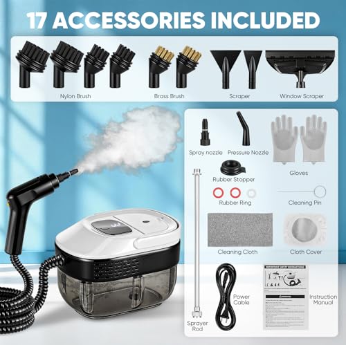 17-IN-1 Dampfreiniger Handgerät für Haushalt und Auto, 3 Dampfstufen am Griff einstellbar, 10 s Aufheizzeit, 1600 ml Tank, großer Aktionsradius von 4,5 m, Zubehör für Bad, Böden,Küche, Fenster & Auto