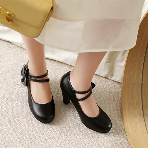 LYYSKY Spring and Autum Women's Low Kitten Heel Pump Shoes for Women Fashion Casual Bowtie Strap Mary Jane Dress Spring Uniform Shoes Plus Size EU32-EU48/US2-US154
