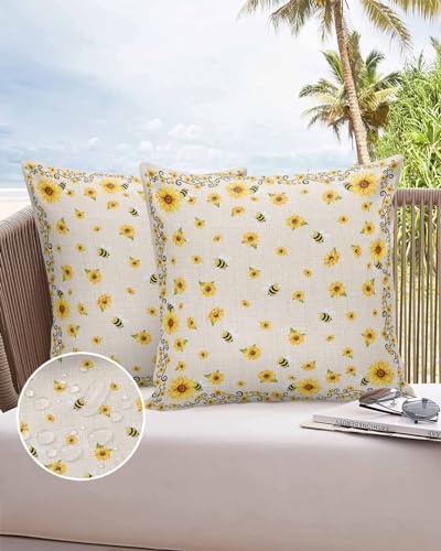 OComster Outdoor Pillow Covers Waterproof, Sunflower Bee Farmhouse Throw Pillowcase Decorative Cover, Rustic Spring Summer Burlap Garden Cushion Case Set of 2 for Sofa, Couch, Tent, Patio 24