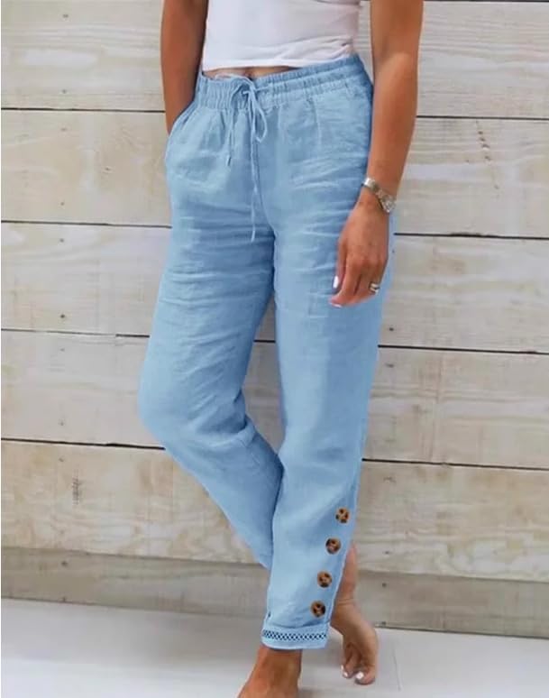 Womens Linen Pants with Pockets High Waist Comfy White Summer Pants Lightweight Loose Trousers2