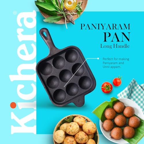 Image of Kichera Cast Iron 9 Cavity Paniyaram pan Long Handle 7 Inch, 2.4kg | Paddu Maker |Ponganalu Kallu | Appam Chatti |Pre-Seasoned & Naturally Non-Stick | Induction Friendly Pure & Toxin-Free Appachatty