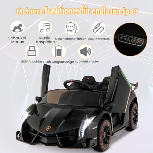 GOPLUS 12V Elektroauto Lamborghini mit 2,4G-Fernbedienung, Kinderfahrzeug mit helle LED-Leuchten, Hupe & hydraulischer Türen, Elektrofahrzeug mit Musik & MP3 für Kinder von 3-8 Jahre (Schwarz)