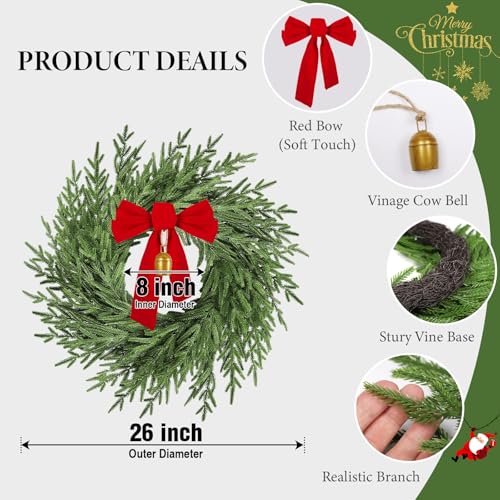 Image of 26 inch Christmas Wreath for Front Door, Artificial Wreath with Bow and Bell,Real Touch Pine Winter Wreath Christmas Decoration for Porch,Window,Wall,Thanksgiving Day Harvest Festival