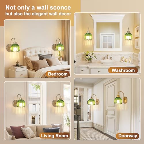 Image of Rechargeable Battery Operated Sconces Wall Decor Set of 2,Vintage Green Tulip Glass Lampshade Cordless Battery Powered Wall Lamp for Bedroom Living Room Kitchen