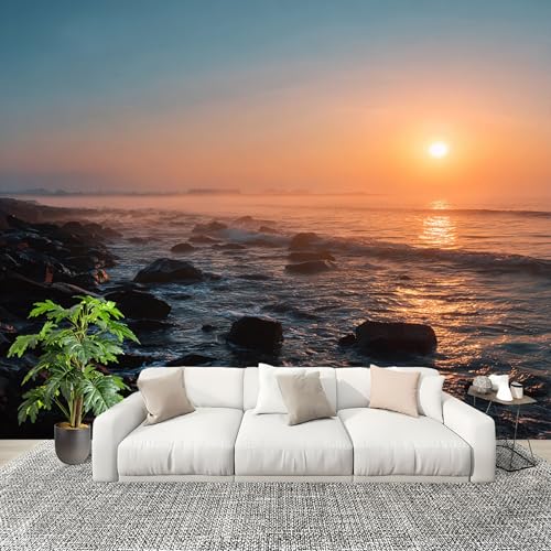 3D Moderne Art Photo Papier Peint 350x256 cm Vue Du Lever De Soleil En Bord De Mer Papier Peint Panoramique Poster Geant Mural Fresque Murale intissé Bleu...